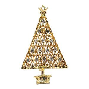 Clear Crystal Ornament Christmas Tree Brooch Pin Vintage Gold Tone